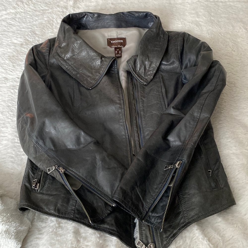 Danier Grey Asymmetric Leather Jacket Size Small